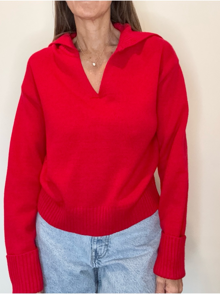 Red V-Neck Hooded Women's Sweater